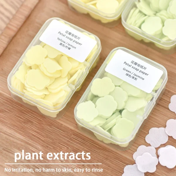 100pcs/box Portable Soap Paper Bath Hand Washing Disposable Soap Slice Mini Flower Travel Scented Petal Handwashing soap (Random Colour)